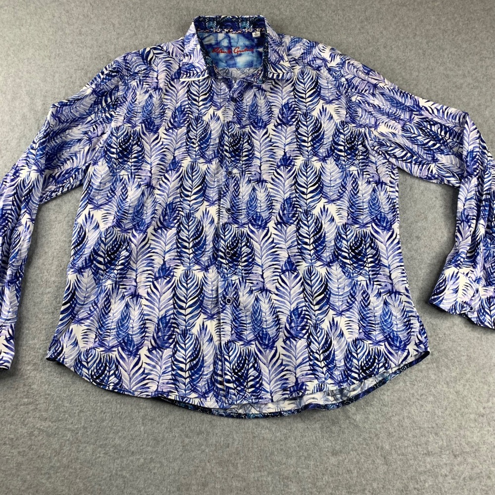 Robert Graham Button Down Shirt Mens L Blue Leaf Print Long Sleeve Classic Fit